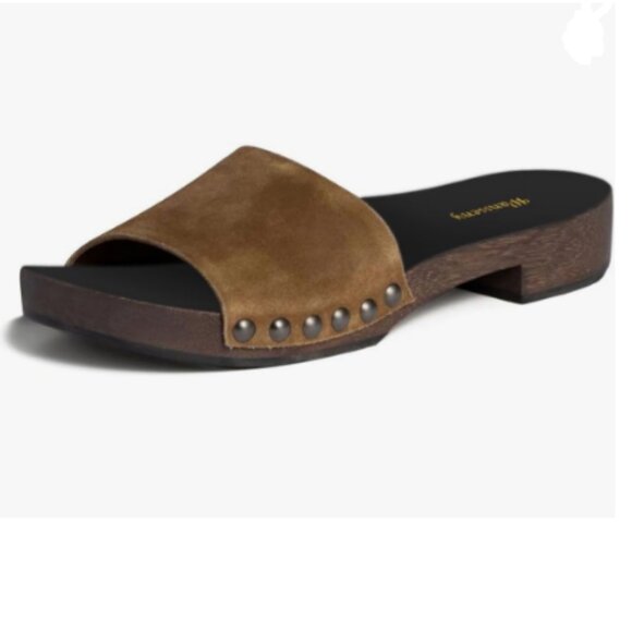 Wansseny Brown Suede Open Toe Studded Slip on Flatform Low Heel Clogs Mules - Picture 1 of 8
